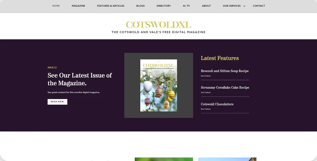 CotswoldXL Magazine homepage with the latest issue cover and feature list