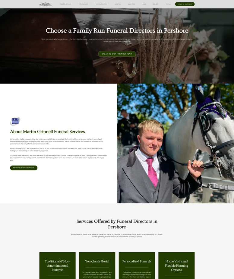 Martin Grinnell Funeral Services landing page for family run funeral directors in Pershore